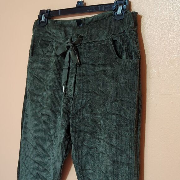 Venti6 Corduroy Stretch Deep Olive Green Drawstring Pockets Slim Pants XS - Picture 2 of 10